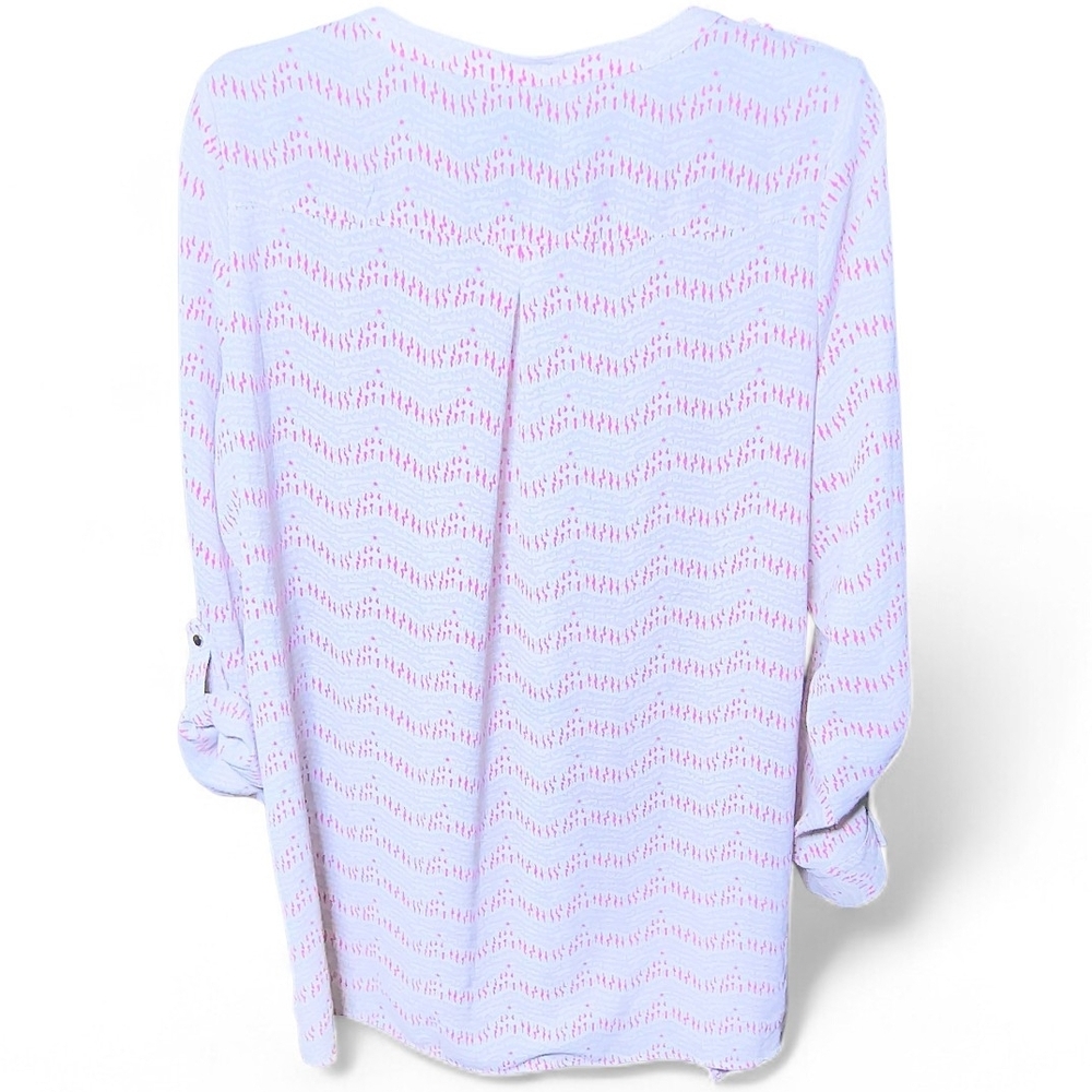 New Directions XL Pink Textured Roll Tab Sleeve Asymmetrical Hem Tunic Blouse - Picture 7 of 7